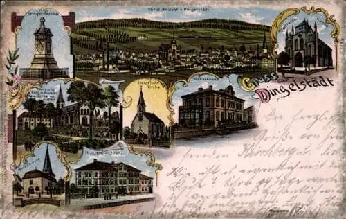 Litho Dingelstädt Thüringen, Gertrudenkirche, Krankenhaus, St. Joseph Institut, Kriegerdenkmal