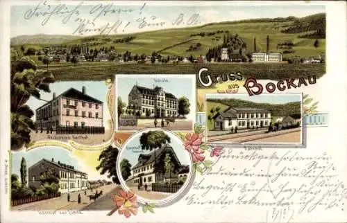 Litho Bockau im Erzgebirge, Pechsteins Gasthof, Gasthof zur Linde, Schule, Bahnhof, Panorama