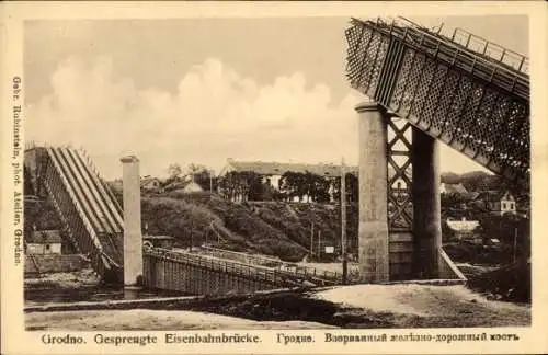 Ak Hrodna Grodno Weißrussland, Gesprengte Eisenbahnbrücke
