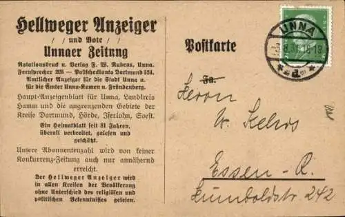 Ak Unna in Westfalen, Werbung, Hellweger Anzeiger, Unnaer Zeitung