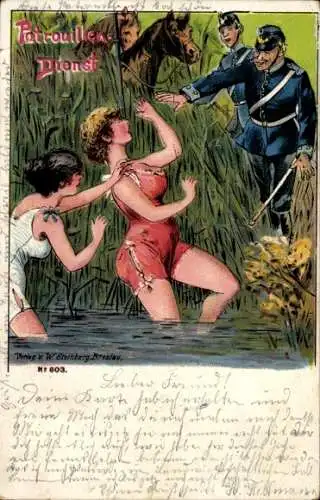 Litho Patrouille-Dienst, Frauen in Badeanzügen, Soldaten in Uniformen