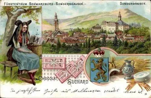 Litho Sondershausen, Fürstentum Schwarzburg Sondershausen, Wappen, Tracht, Chocolat Suchard