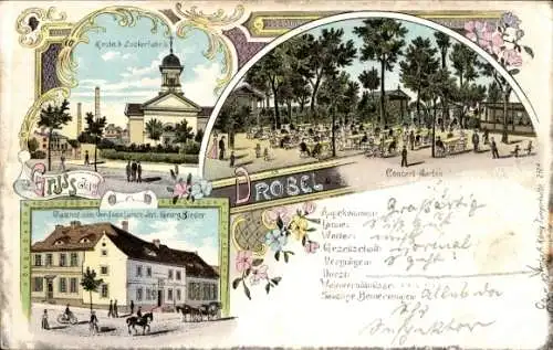 Litho Dröbel Bernburg an der Saale, Kirche, Zuckerfabrik, Gasthof zum weißen Lamm, Inh. Georg Bieder