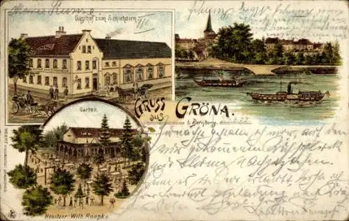 Litho Gröna Bernburg an der Saale, Gasthof zum Schlehdorn, Garten, Inh. Wilh. Roepke