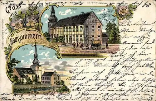 Litho Haussömmern in Thüringen, Gasthaus, Kirche, Schule