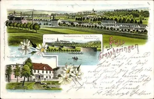 Litho Großheringen in Thüringen, Gesamtansicht, Kaufmann Baumgarten, Saalebrücke, Klein Heringen