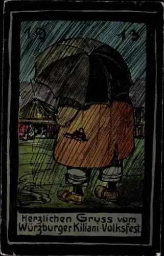 Künstler Ak Würzburg, Würzburger Kiliani-Volksfest 1913, Besucher im Regen, Schirm