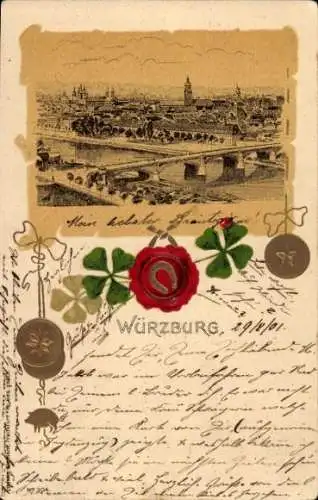 Litho Würzburg am Main Unterfranken, Panorama, Brücke, Kleeblätter, Siegel, Hufeisen