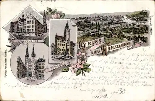 Litho Würzburg am Main Unterfranken, Universität, Dom, Rathaus, Panorama