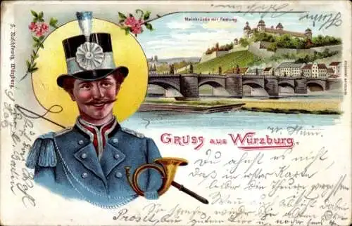 Litho Würzburg am Main Unterfranken, Mainbrücke, Festung, Postillon