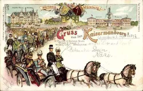 Litho Nürnberg, Würzburg, Kaisermanöver 1897, Grand Hotel Nürnberg, Schloss, Kutsche, Kaiser, König