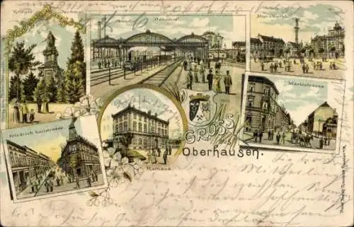 Litho Oberhausen im Ruhrgebiet, Bahnhof, Marktstraße, Alter Markt, Kriegerdenkmal, Rathaus