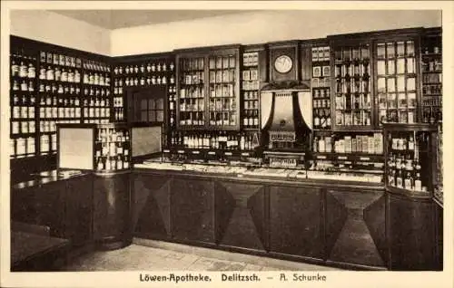 Ak Delitzsch in Sachsen, Löwen-Apotheke, Innenansicht