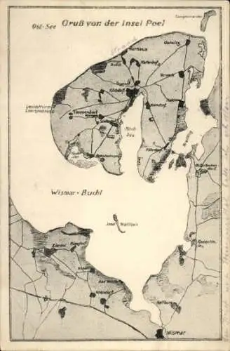 Landkarten Ak Insel Poel Mecklenburg, Kirchdorf, Fährdorf, Timmendorf, Wismar-Bucht