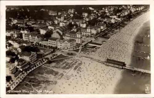 Ak Seebad Binz auf Rügen, Fliegeraufnahme, Strand, Seebrücke