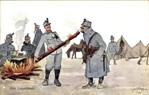 Künstler Ak Schönpflug, Fritz, Am Lagerfeuer, kuk Soldaten, Zeltlager