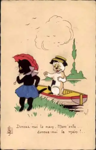 Künstler Ak Schwarze Katze, Hund, Donnez moi la main, Mam'zelle, donnez-moi la main