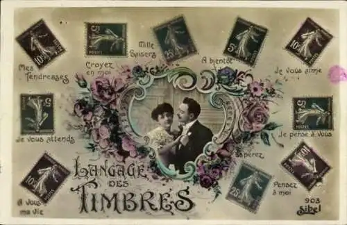 Ak Briefmarkensprache, Liebespaar, Blumen, Liebe