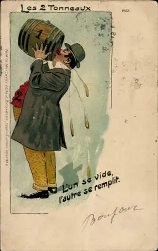 Litho Les 2 Tonneaux, L'un se vide, l'autre se remplit, Humor