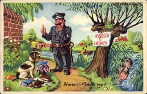 Künstler Ak Glückwunsch, Schwimmverbot, Polizist