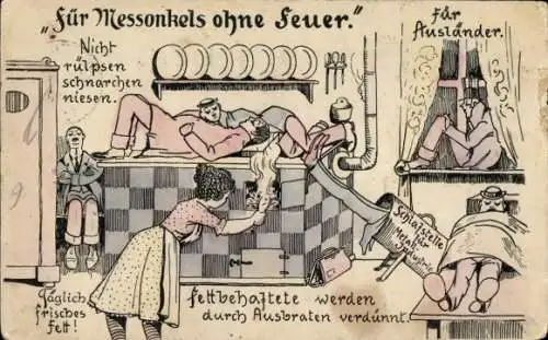 Ak Für Messonkels ohne Feuer, Schlafstelle für Metall-Industrie, Humor