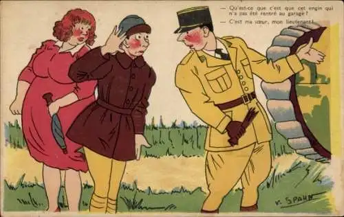Künstler Ak Spahn, dicke Frau in einem roten Kleid, Französische Soldaten, Panzer