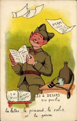Ak Les 4 Desirs du poilu, la lettre, le pinard, le colis et la perm, Humor