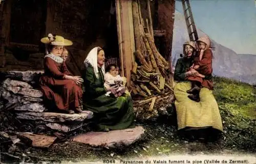 Ak Kanton Wallis, Frauen in Kinder in schweizerischen Trachten