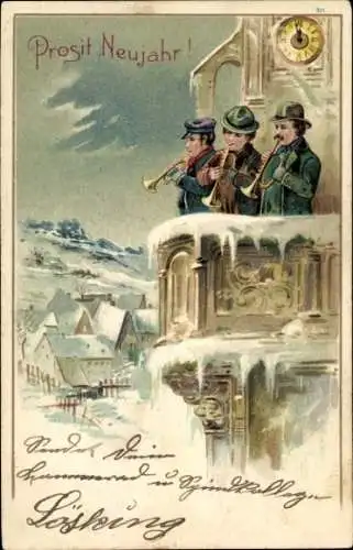 Litho Prosit Neujahr, Trompeter, Dorf