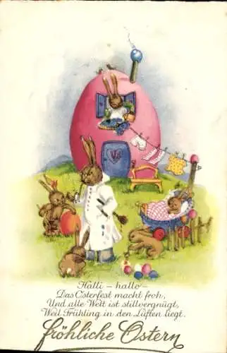 Ak Fröhliche Ostern, Hasenfamilie mit Ei