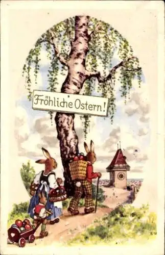 Ak Fröhliche Ostern, Hasenfamilie mit Eiern