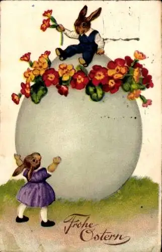 Ak Glückwunsch Frohe Ostern, Osterhasen auf Osterei