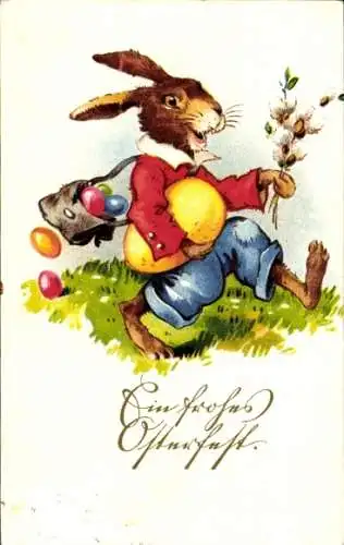 Ak Frohe Ostern, Osterhase, Ostereier, Weidenkätzchen