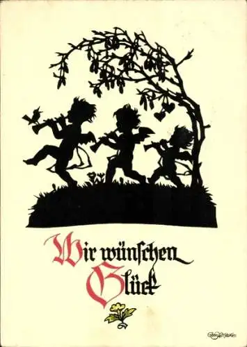 Scherenschnitt Ak Wir wünschen Glück, drei Engel