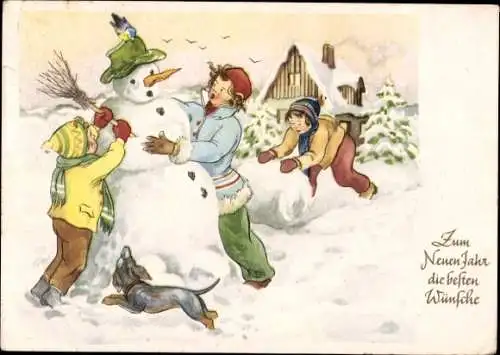 Ak Fröhliches Neujahr, Kinder bauen einen Schneemann, Dackel