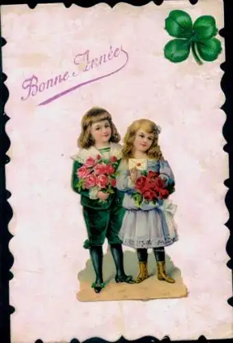 Ak Frohes Neujahr, Kinder mit Blumen