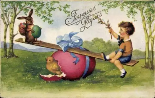 Ak Frohe Ostern, Kind schaukelt mit Hase auf Osterei