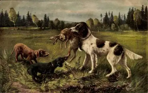 Künstler Ak Jagdmotiv, Jagdhund mit erlegtem Hasen, Dackel