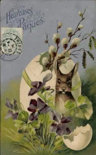 Präge Ak Frohe Ostern, Osterhase, Weidenkätzchen