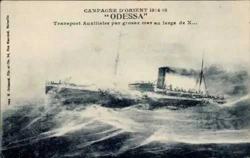 Ak französisches Hilfskreuzer Odessa in schwerer See