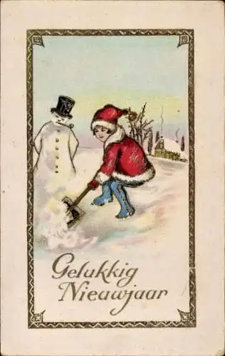Ak Glückliches Neujahr, Kind mit Schneemann