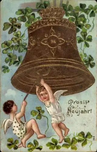 Glitzer Ak Glückliches Neujahr, Engel mit Gocke
