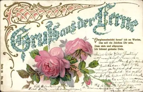 Präge Litho Gruss aus der Ferne, Veilchen, Rosen