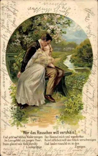 Gedicht Präge Ak Wer das Rauschen will verstehn, sich küssendes Liebespaar