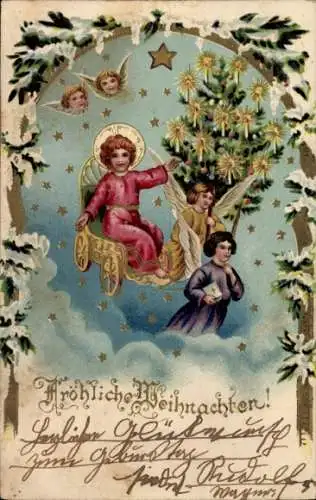 Litho Fröhliche Weihnachten, Engel, Kinder, Tannenbaum