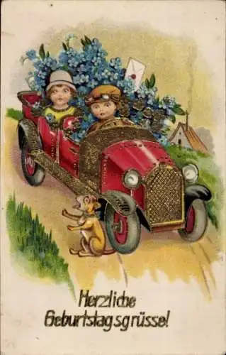 Glitzer Ak Herzliche Geburtstagsgrüße, Auto, Veilchen
