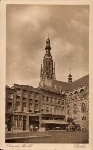 Ak Breda Nordbrabant Niederlande, Rathaus, davor ein Platz mit zwei Personen und zwei Pferdewa...
