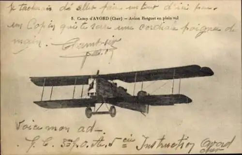 CPA Camp d'Avord, Cher, Avion Bréguet en plein vol