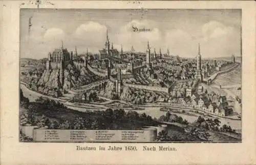 Ak Bautzen in der Oberlausitz, Historische Stadtansicht, Bautzen 1650, Merian, Burg, Stadtsilh...