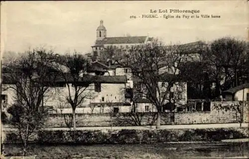 Ak Figeac Lot, Landschaftsaufnahme, Kirche Eglise du Puy, Häuser, Fluss